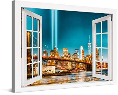 PICANOVA – Bild auf Leinwand New York Manhattan Brooklyn Bridge at Night Fenster 60x40cm – Leinwandbild – Premium Leinwanddruck – Wandbild Kunstdruck Auf 2cm Holz-Keilrahmen Wohnzimmer Wanddekoration