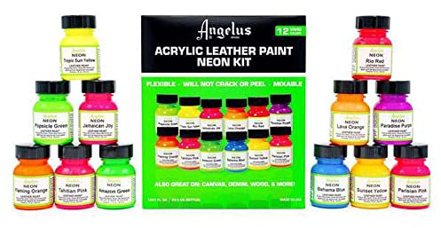 Angelus Juego de pintura acrílica neón para cuero, 12 colores vibrantes, 1 onza cada uno, no tóxica, para cuero, lienzo, pinturas de madera para personalización y manualidades. Flexible, mezclable,