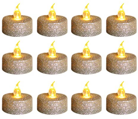 ZYLLZY Lot de 12 bougies chauffe-plat LED sans flamme réalistes à paillettes argentées 100 heures alimentées par piles pour fête, mariage, Pâques, décoration d'intérieur