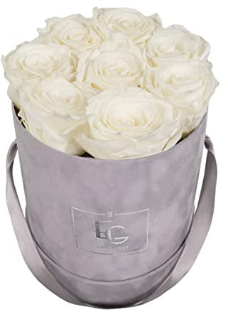 EMMIE GRAY CLASSIC INFINITY ROSENBOX | VELVET GRAY | Runde Flowerbox - Infinity Rosen in grauer Samtbox - 1-3 Jahre Haltbarkeit - Echte Rosen, die jahrelang blühen - Haltbare Rosen (S, Pure White)