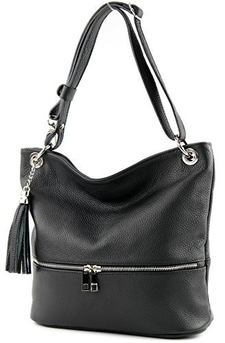 modamoda de - T143 - ital. Leder Schultertasche Umhängetasche, Farbe:Schwarz2021