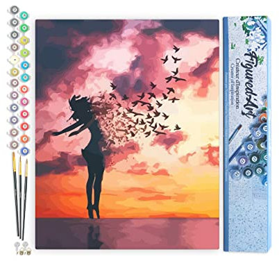 Figured'Art Peinture par Numéro Adulte Femme et oiseaux au lever du jour - Activité Manuelle Kit de Loisir Créatif DIY Numéro d'Art Complet - 40x50cm sans châssis en bois