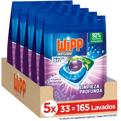 Wipp Express Power Caps Detergente Lavanda en Cápsulas para Lavadora, Pack de 5, Total 165 Dosis, Limpieza Profunda, Eficaz en Agua Fría