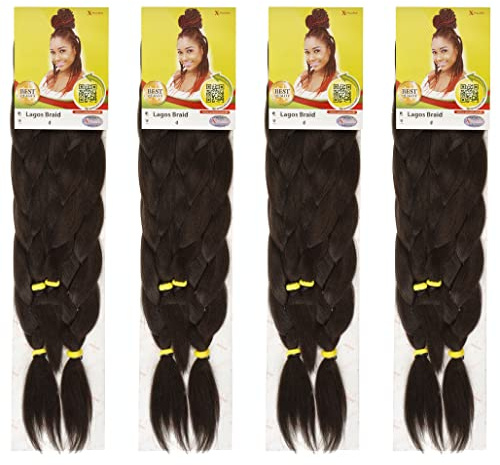 Colour 4 4 PACK XPRESSION LAGOS BRAID Pre-Pulled Hair Extension, 42″ & 46″ Pack, (Colour 4, Medium Chocolate Brown)