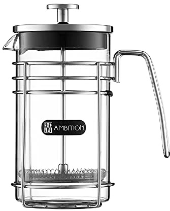 AMBITION French Press 600ml Kaffeebereiter für Zuhause Camping Glaseinsatz Stahlrahmen Filter feinmaschig