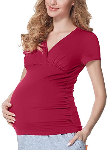 Bellivalini Damen Umstandsshirt mit Stillfunktion Kurzarm V-Ausschnitt BLV50-123 (Rotwein, M)