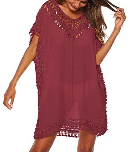 Baynetin Women's Swim Cover-ups Beachwear Hollow Out V-Neck Short Sleeve Crochet Dress Bikini Swimsuit Bathing Suit Cover Up (Wine Red)
