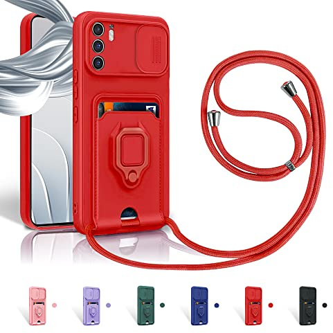 Aithne Funda con Cuerda para Xiaomi Poco M3 Pro 5G / Redmi Note 10 5G Case con Ranura para Tarjetas,360 Anillo función de Soporte Cubierta -Rojo