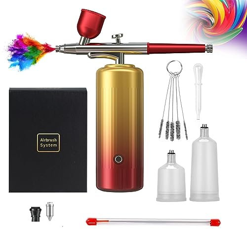 Airbrush Kit with Compressor kit 32PSI Cordless Airbrush Rechargeable Portable Dual Action Barber Airbrush Compressor, Air Brush for Painting, Model, Nail, Makeup, Barber. (Gold)……