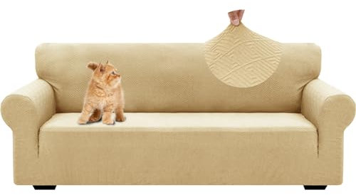YSTELLAA Stretch Sofa Überzug 3 Sitzer, Sofaschoner rutschfest Mit Armlehne, Universal Jacquard Sofabezug, Dicke Sofabezug Für Hunde Katzen Und Haustiere, Waschbare Sofa Cover, Beige Gelb