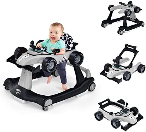 GOPLUS 4 in 1 Baby Lauflernhilfe, Lauflernwagen höhenverstellbar mit Licht & Musik, Baby Walker Autoförmig mit Einstellbarer Geschwindigkeit, Gehfrei für Kinder ab 6 Monaten (Grau)