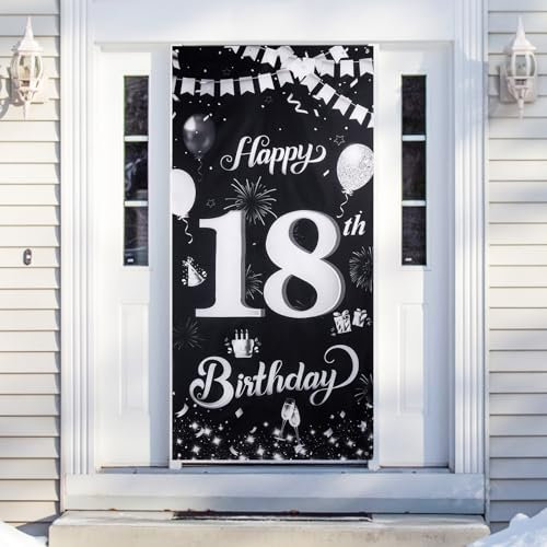 Minicloss 18. Geburtstag Banner Deko Schwarz Silber 185x90cm, Happy Birthday Banner für Jungen & Mädchen Party Geburtstagsdeko
