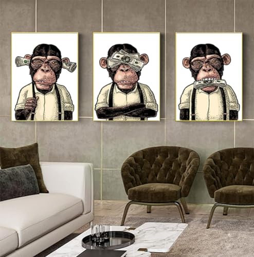 3er Set Poster Hochlandkuh Badezimmer Poster,Bilder von Geld Orang Utans und Affen,Tier Schwarz Weiß Wand Kunst Drucke,Rahmenlos (Poster-04,3Pcs-50x70cm)