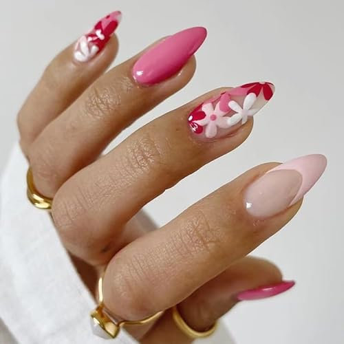 24pcs Short Almond False Nails French Tips Pink Edge Press on Nails Flower Stick on Nails Fake Nails with Glue Removable Glue-on Nails Full Cover Fake Nails Women Brides Nail Art Accessories