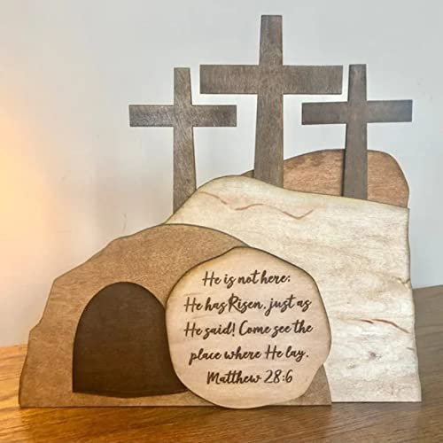 Osterszene Holz Dekorations Set,Ostern Auferstehung Szene Set,Das Leere Grab Ostern Szene und Kreuz Dekoration,Osterkrippe Szene Deko,Frühling Christliche Figur Ornament Für Zuhause,Büro (A)