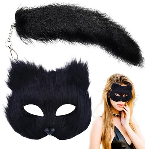Genikeer Animal Maske Katzenmaske Und Animal Tail Set, Fuchs Maske Und Schwanz, Personalisierte Animal Maske Und Schwanz, Halbgesicht Maskerade Maske Für Cosplay Fantasie