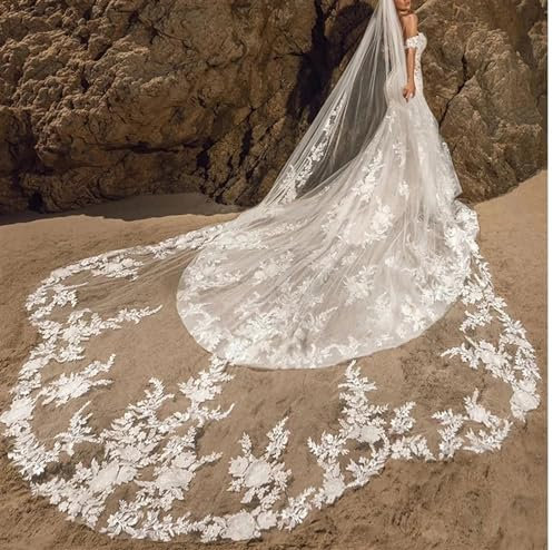 XINTAOSM Brautschleier,Brautschleier,Hochzeit Accessoires Eleganter Langer Hochzeitsschleier mit Kamm, weicher Tüll, gewellte Spitze, floraler Brautschleier(Color:Off-White,Size:300cm)
