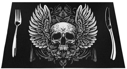 Platzsets mit Totenkopf-Motiv und Federn, waschbar, PVC, rutschfest, rechteckig, für Küche, Esstisch, wärmeisolierende Tischsets, 45 x 30 cm
