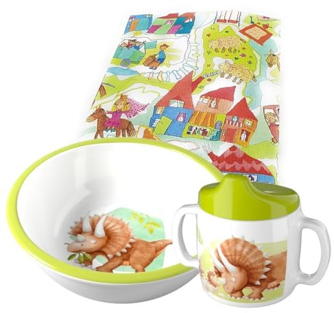 HABA Melamin-Geschirr-Set Dino für Kinder - Dinosaurier-Design - Trinklernbecher und Schüssel - Spülmaschinenfest