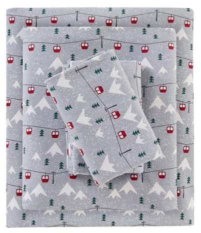 WOOLRICH Baumwoll-Bettwäsche-Set, Cottage-Charms-Druck, 100% Baumwoll-Flanell-Bettwäsche-Set, warm und flauschig, King-Size-Bettlaken, Spannbetttuch für bis zu 35,6 cm Matratze, Kingsize-Bett, Grau