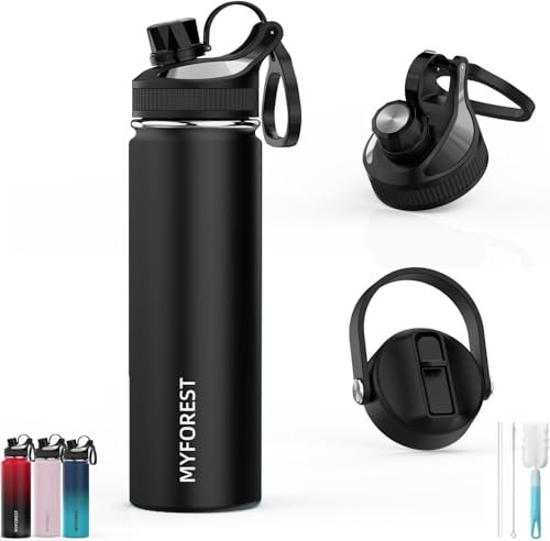 MYFOREST 680ml isolierte Wasserflasche, 2 Deckel für kleinen Schluck/großen Schluck, 100% spülmaschinenfest/auslaufsicher/BPA-frei/Oberer Griff/kohlensäurehaltige Getränke/kalt/heiß