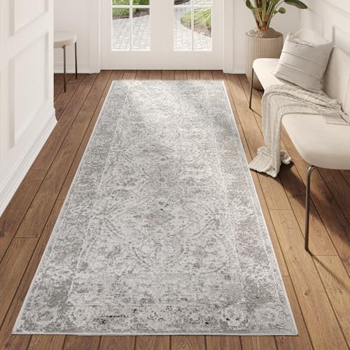TAPISO Valley Teppichläufer Vintage, Kurzflor Hellgrau Blumen Kreis Rahmen Used Effekt Meliert Verwischt, für Flur, Wohnzimmer, Schlafzimmer, Esszimmer – Eleganter TeppichLäufer – 120 x 300 cm