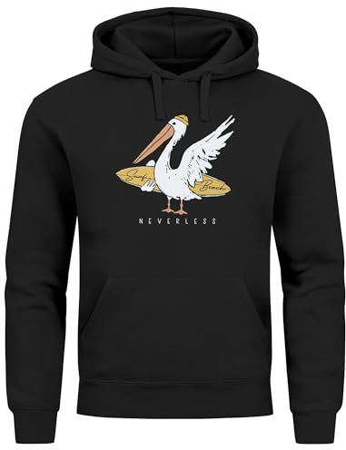 Neverless® Hoodie Herren Pelikan Print Surfer Surfboard Kapuzen-Pullover Männer Fashion Streetstyle schwarz 5XL