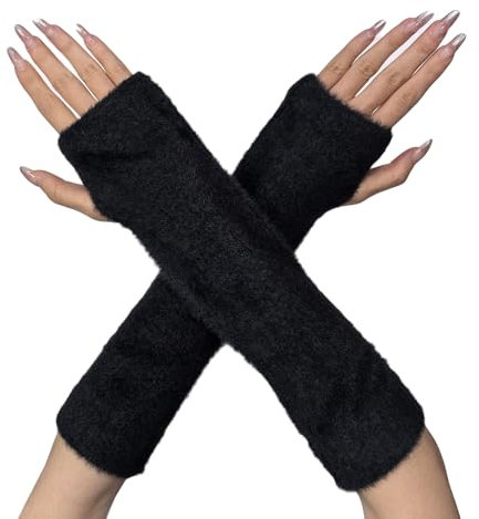 AWOCAN Armstulpen Fingerlose Handschuhe Winter Kunstfell Armstulpen Handgelenkwärmer Warme Fingerlose Handschuhe Gestrickt Weich für Frauen (SCHWARZ)