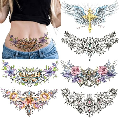 RYMAUP Lot de 6 grandes feuilles de tatouages temporaires pour femmes, ventre, taille, dos, faux tatouages pour adultes, autocollants réalistes de tatouages floraux, couverture des cicatrices