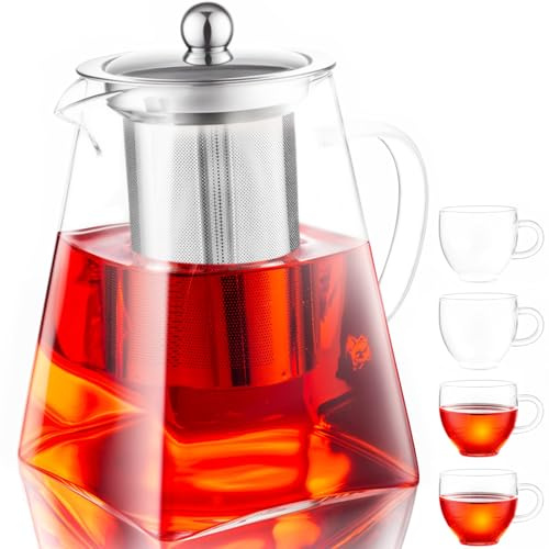 Spring Chef Teiera in vetro + 4 tazze con colino, 950 ml, teiera quadrata in vetro con infusore, infusore rimovibile, teiera fatta a mano, resistente al calore, borosilicato