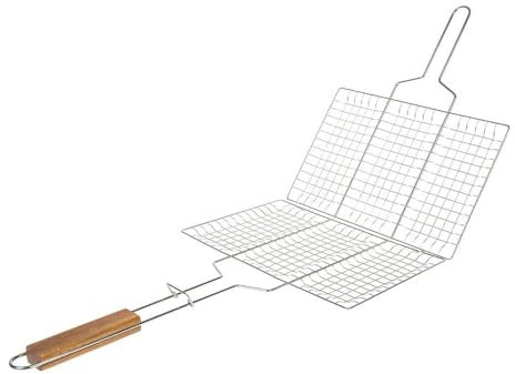 SIROCO Double Grille Barbecue Rectangle 34x22 cm en Acier Chromé avec Manche en Bois – Parfait pour des Grillades Maîtrisées