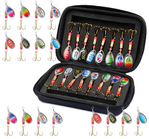 Angelköder Set, 16 Stück Blinker Angeln Spinner Köder Set Multi-farbige Angelset mit Tragetasche für Forelle, Barsch, Zander,Lachs, Hecht, Walleye