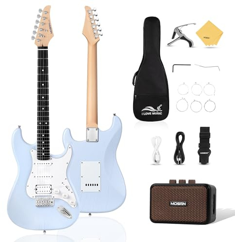 Mosen - Chitarra elettrica da 39 pollici con pickup HSS e sistema tremolo a bobina singola, con amplificatore da 5 W, tastiera in Techwood, collo satinato a forma di C, tutti gli accessori inclusi