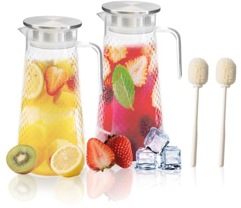 SITAKEGS 2Pack Plastic Pitcher Water Jug with Lid 1.6 L Clear Juice Jugs | Handle Unbreakable Beverage Water Pitcher, Water Jug for Fridge, Iced Tea, Coffee, Sangria, Lemonade, Cold or Hot Beverages
