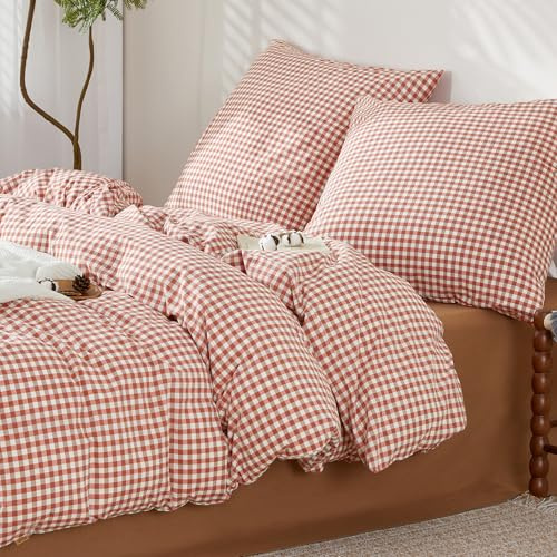 SAPHREAS Bettwäsche 200x220 Baumwolle Gewaschene Kariert 3teilig, Geometrisch Karomuster Bettwäsche Sets Oeko-Tex Zertifiziert Bettbezug mit Reißverschluss, Ziegelrot