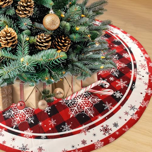 Gonna Tappeto Albero di Natale Rosso 120cm Rotondo Copri Base Sotto Albero Natale con Fiocco di Neve Bianco Christmas Tree Skirt per Decorazione Natalizia Vacanze Feste