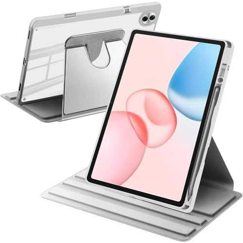 A-BEAUTY Funda Giratoria para Honor Pad 10 12.1 Pulgadas 2025 Plata | con Portalápiz, Soporte Giratorio de 360° Cubierta Trasera Transparente, Auto-Sueño/Estela