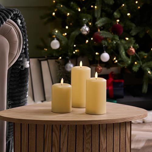 OHS Flameless Candles Battery Operated, 3 Pack Realistic LED Candles Flickering Electric Pillar Candle for Home Wedding Party Christmas Halloween Decorations, Cream