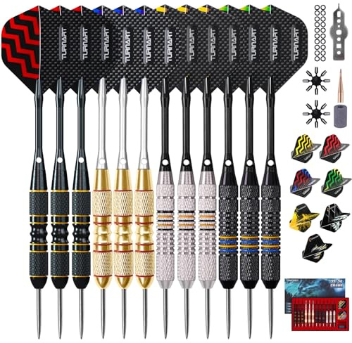 Turnart Dartpfeile Metallspitze,12 Stück Profi steeldart Pfeile Dart Case | 22/24G Zylindrischer Barrel,Vielseitiger, griffiger für jeden GriffstilStabile,Alu-Schäfte mit O-Ring,EVA-Case+Ersatzteile