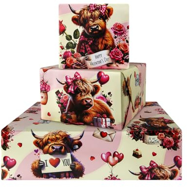 Yak Highland Cow Geschenkpapier, Valentinstags-Geschenkpapier, 4 Blatt, flach gefaltet, 50 x 70 cm, florales Kuh-Geschenkpapier für Yak-Thema, Geburtstag, Hochzeit, Valentinstag