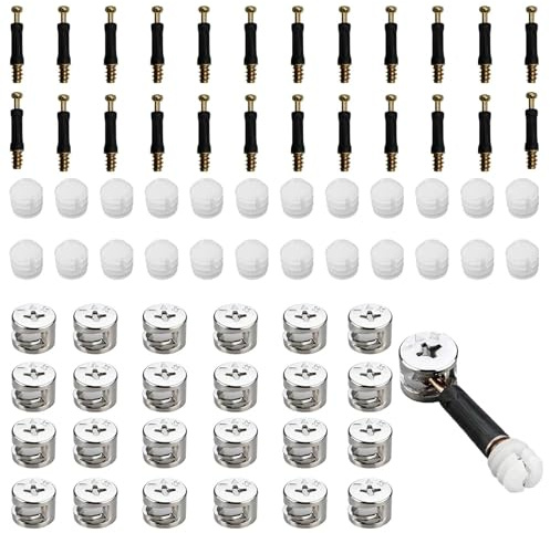 24 Sets 3-in-1 Furniture Connection Kit, Eccentric Cam Lock 15mm, M6x40mm Dowel Screws and Pre-Inserted 10.5mm Plastic Nut, Furniture Fixing Cam Dowels Screws, for Splicing Assembly of Table Cabinets