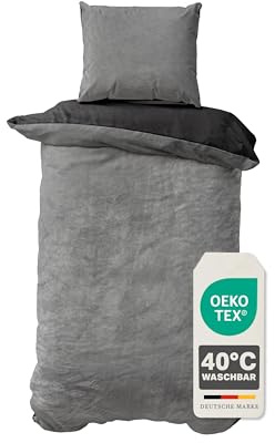 Devior Cashmere Touch Bettwäsche Winter 2-teilig, Grau/Schwarz – 155x220 & 80x80 cm – Flauschig warme Bettwäsche für den Winter – Bettbezug flauschig mit Reißverschluss – Wendeoptik – Oeko-TEX®