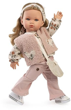 Puppen Antonio Juan - Bella Folk, modische Puppe mit blonden Haaren, 45 cm, Körper aus Vinyl, Outfit Rosa und Blumenmuster mit Tasche, Stil Mix & Match