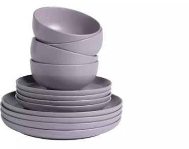 Matte Glaze 12 Piece Stoneware Dinner Set Lilac Tableware Set for 4, Modern Scandi Style Plates & Bowls, Dishwasher & Microwave Safe