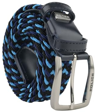Police Geflochtener elastischer Gürtel für Damen und Herren, Einsätze aus echtem Leder, nickelfreie Schnalle, kürzbar, Höhe 3,5 cm, mit Box, Hellblau Blau, 115 (taglia 48-52)