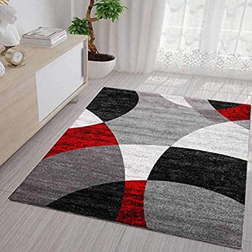 VIMODA Teppich Geometrische Kreismuster Meliert in Grau Weiß Schwarz und Rot, Maße:60x110 cm