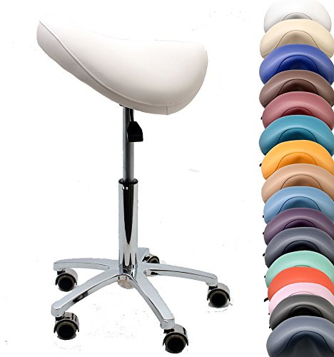 Promafit, Sattelstuhl - Sattelhocker - Rollhocker - Arbeitshocker - für Praxis, Büro und Home-Office - höhenverstellbar und drehbar (Weiß)