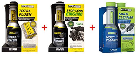 XADO Benzin Kraftstoff-System-Reiniger & Motor Ölsystem-Reiniger & Ölverlust-Stop - Multi Cleaner Benzin & Total Flush & Stop Leak Engine - Atomex 3er Set
