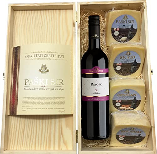 Geschenkbox mit Wein und Pager Käse in einem Feinschmecker Geschenkset in Weinkisten Holz (Einweg)