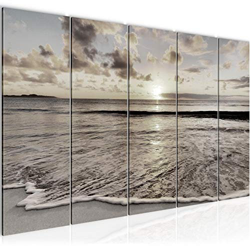 Runa Art Tableau mural XXL Le Coucher Du Soleil Plage 200 x 80 cm Noir Blanc 5 Parties - 607955c